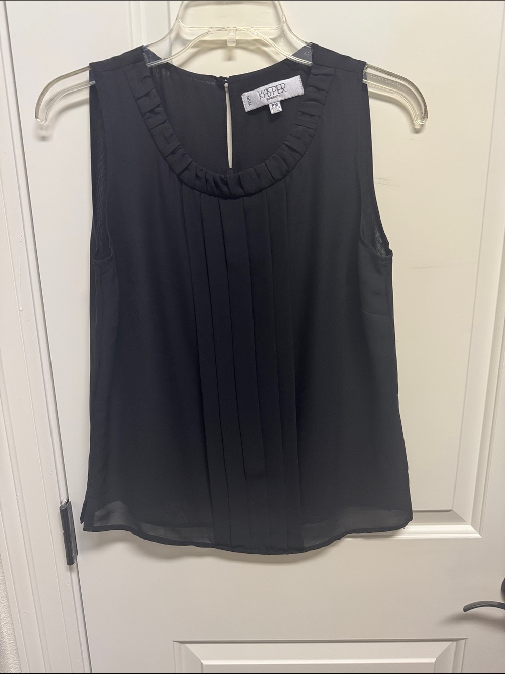 Kasper Black Pleated Ruffled Neck Shell Top